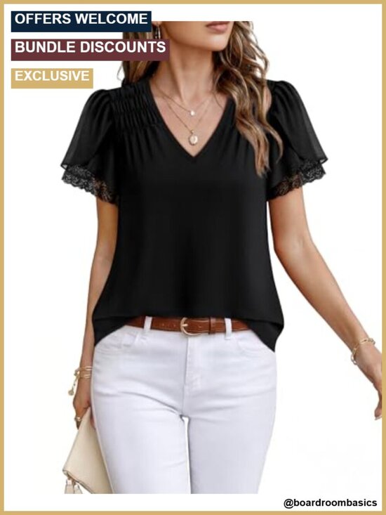 Tops - Lace Petal Short Sleeve Blouse V Neck Summer Top Work Office Shirt